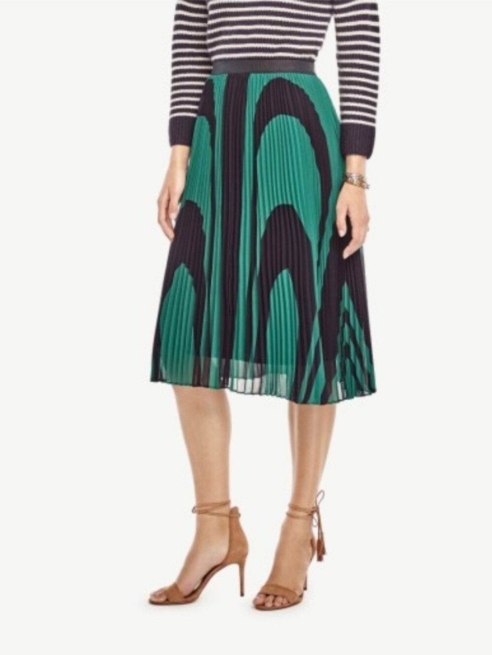 Ann Taylor Emerald Green & Navy Pleated Midi Skirt | Sz 12